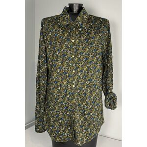 Currants Button Front Floral Knit Top Womens‎ Size XL (L) Semi Sheer Roll Sleeve